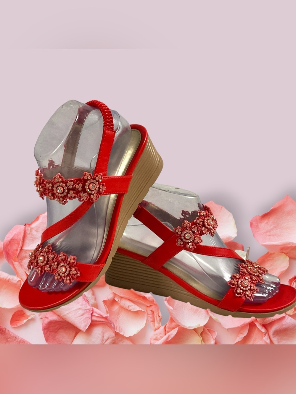 Shibever Women’s Red Embellished Wedge Sandals Faux Leather Size EU 39/US 8